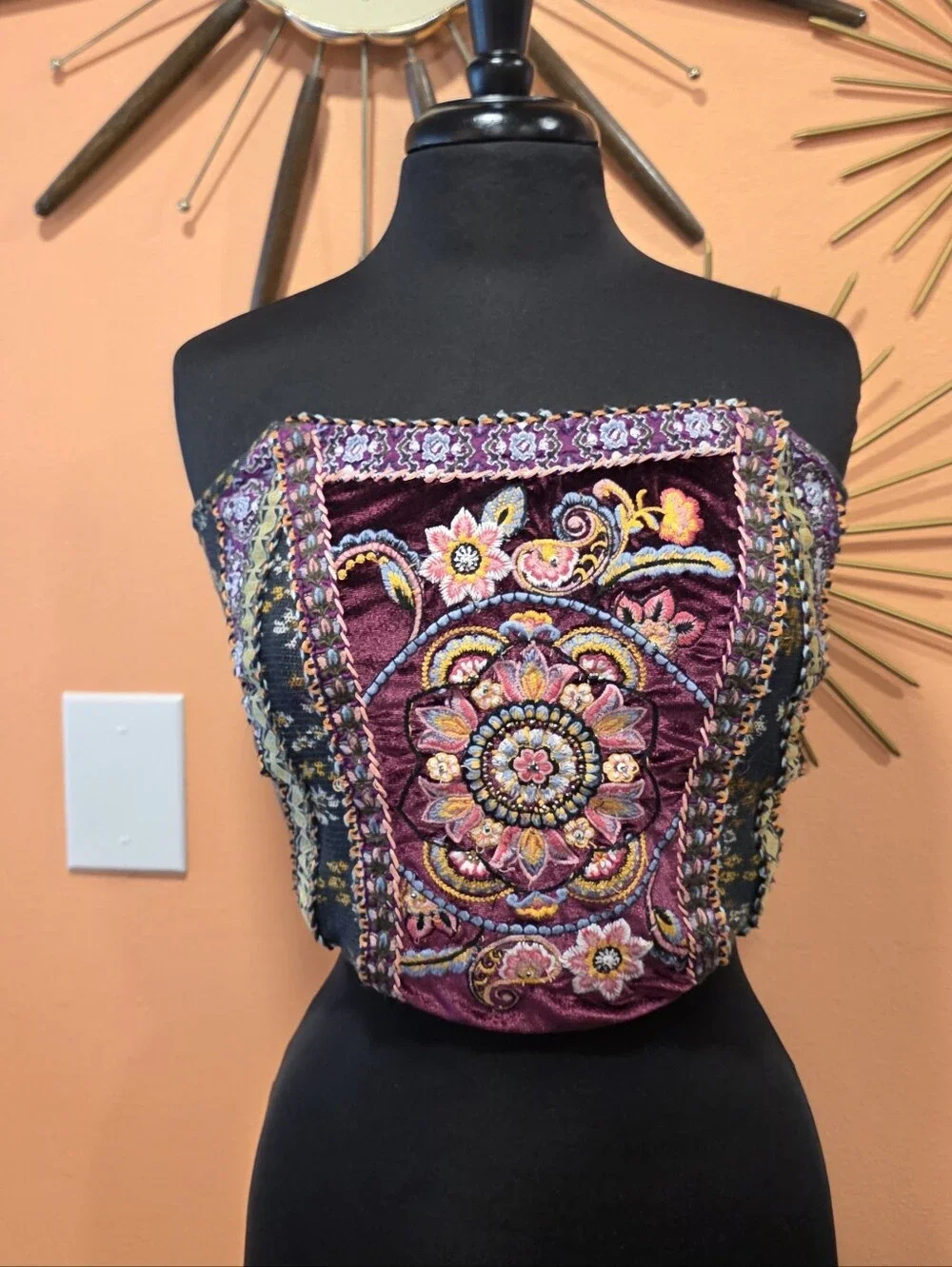 Free People Eleni Tube Top Embroidered Velvet Strapless Crop Burgundy Pink